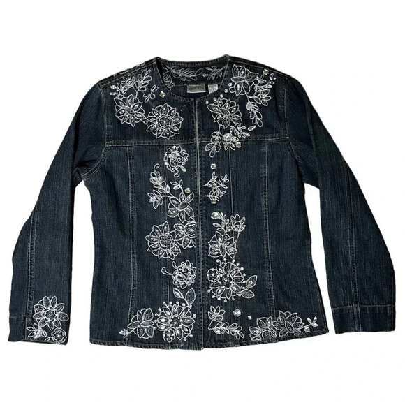 Chico's Blue Embroidered Flowers Deco Rhinestone Denim Jacket Size 1 Medium 8 - Picture 1 of 8